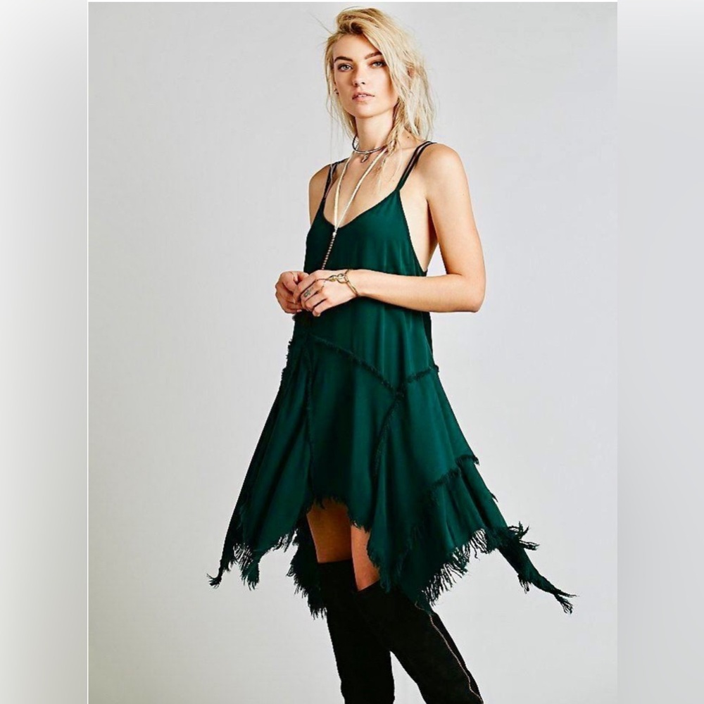 Free People Emerald Green Tattered Up Tiered Dress Raw Hem